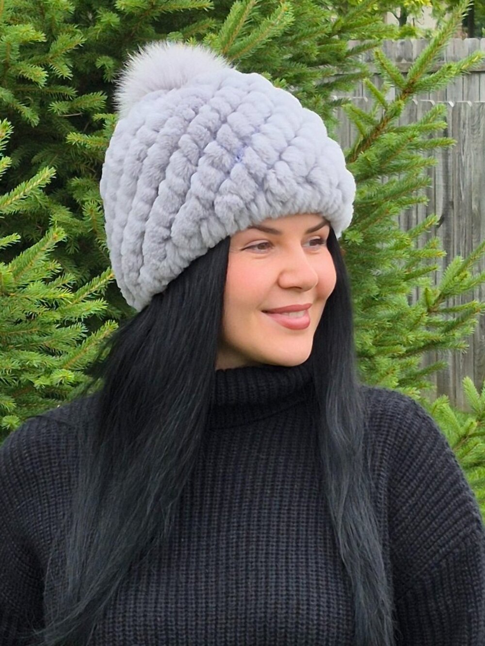 Light Grey Real Rex Rabbit Fur Hat with Small Fox Pom, Winter Women's Beanie